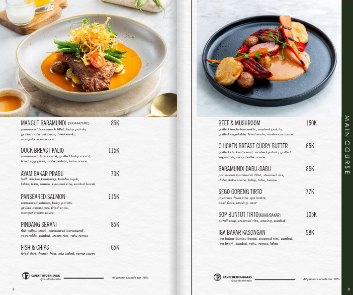 Menu Makanan dan Minuman di Candi Tirto Raharjo Resto