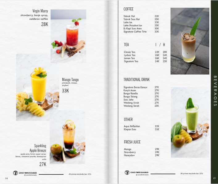 Menu Makanan dan Minuman di Candi Tirto Raharjo Resto